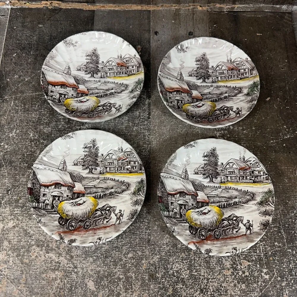 4 VINTAGE YORKSHIRE STAFFORDSHIRE IRONSTONE SAUCER‎ FARM SCENE lot